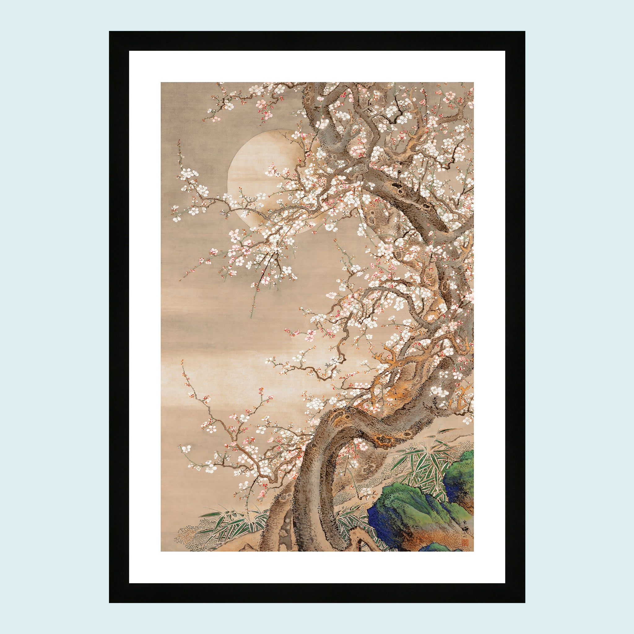 Moonlight - Japanese Plum Blossoms In Moonlight - Giclée Print by ArtFarty #Frame_Black