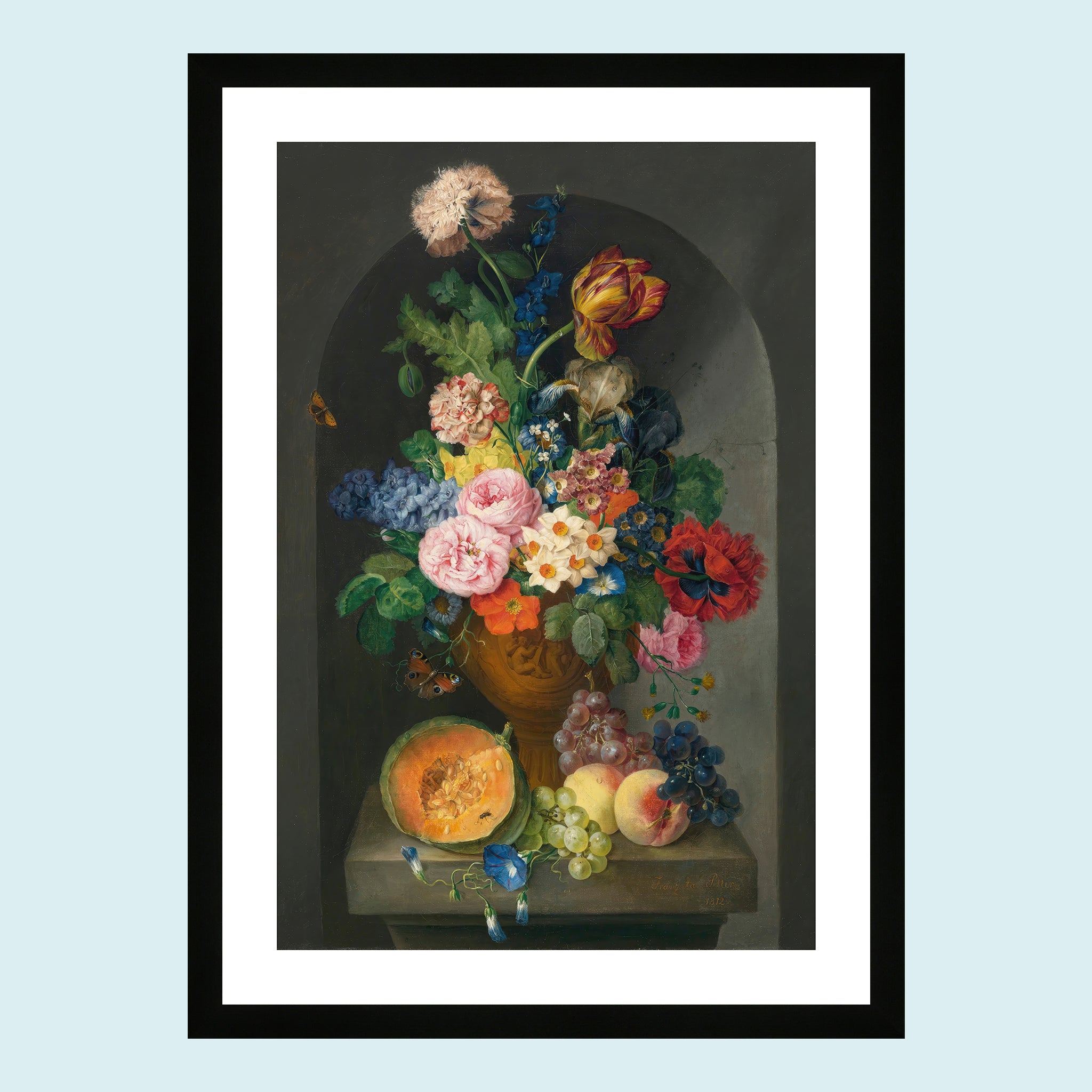 Attraction - A Bronze Urn Of Flowers, With A Melon, Peaches And Grapes, A Butterfly And A Caterpillar - Giclée Print by ArtFarty #Frame_Black