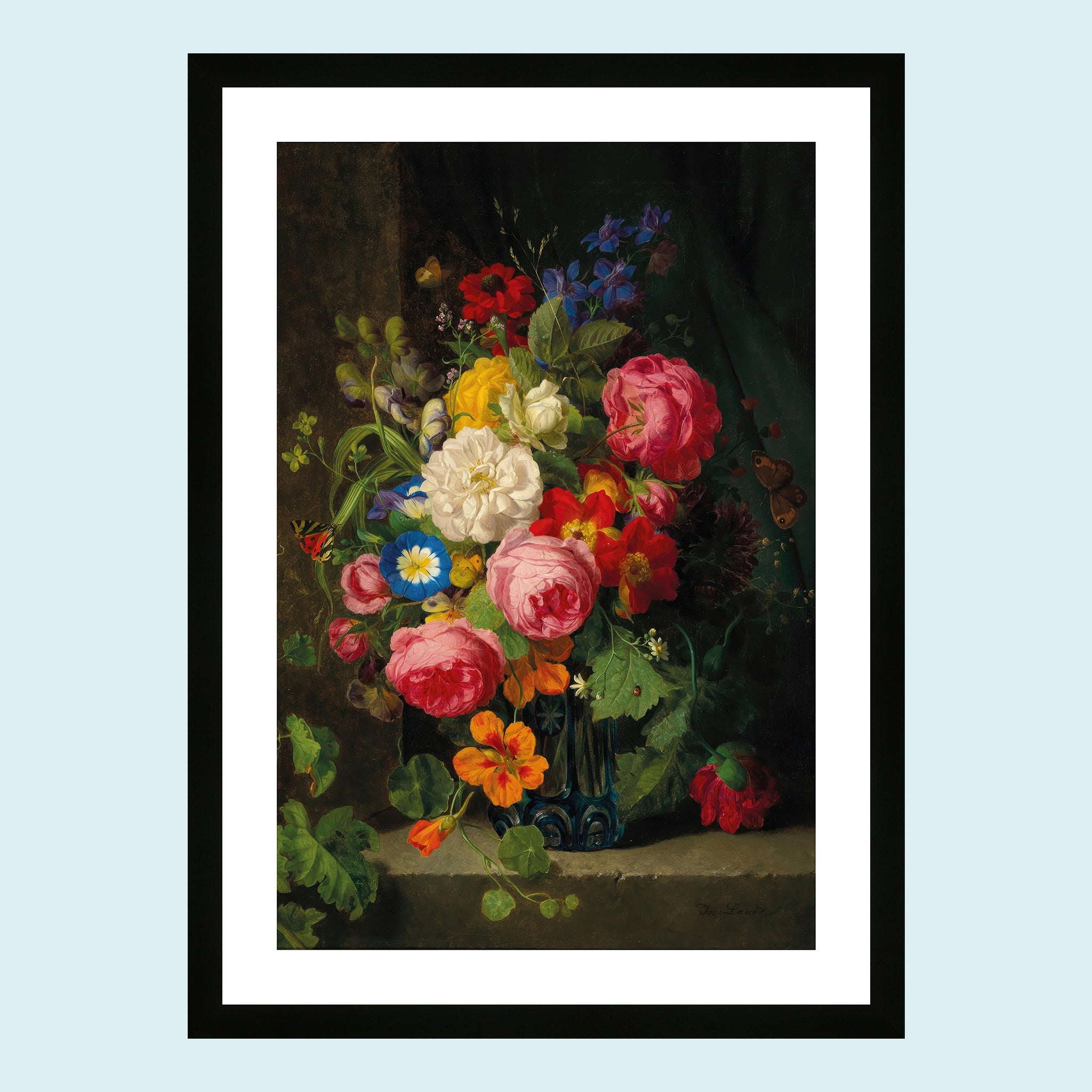 Attraction - A Large Bouquet Of Flowers With Roses, Nasturtium And Butterflies - Giclée Print by ArtFarty #Frame_Black