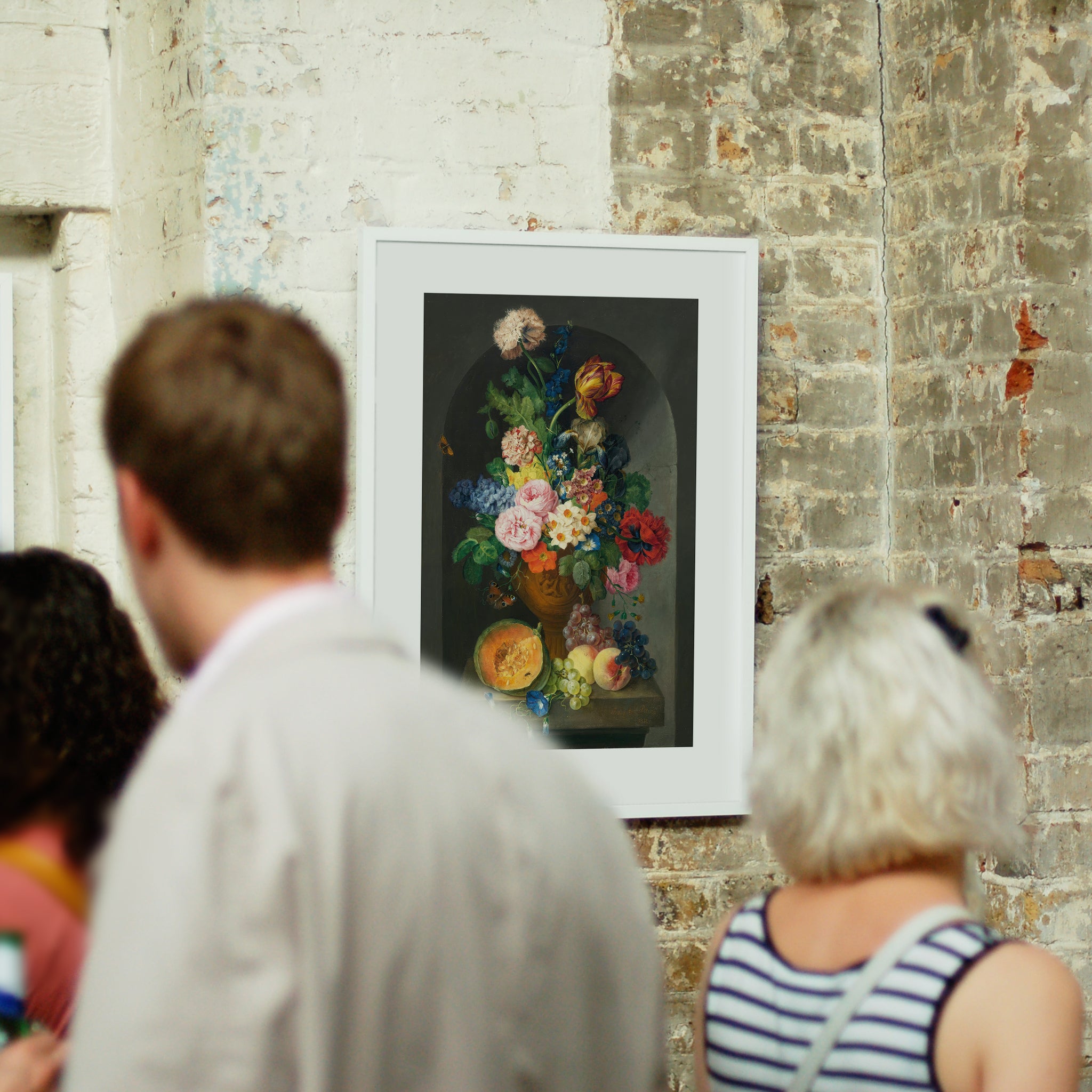 Attraction - A Bronze Urn Of Flowers, With A Melon, Peaches And Grapes, A Butterfly And A Caterpillar - Giclée Print by ArtFarty #_