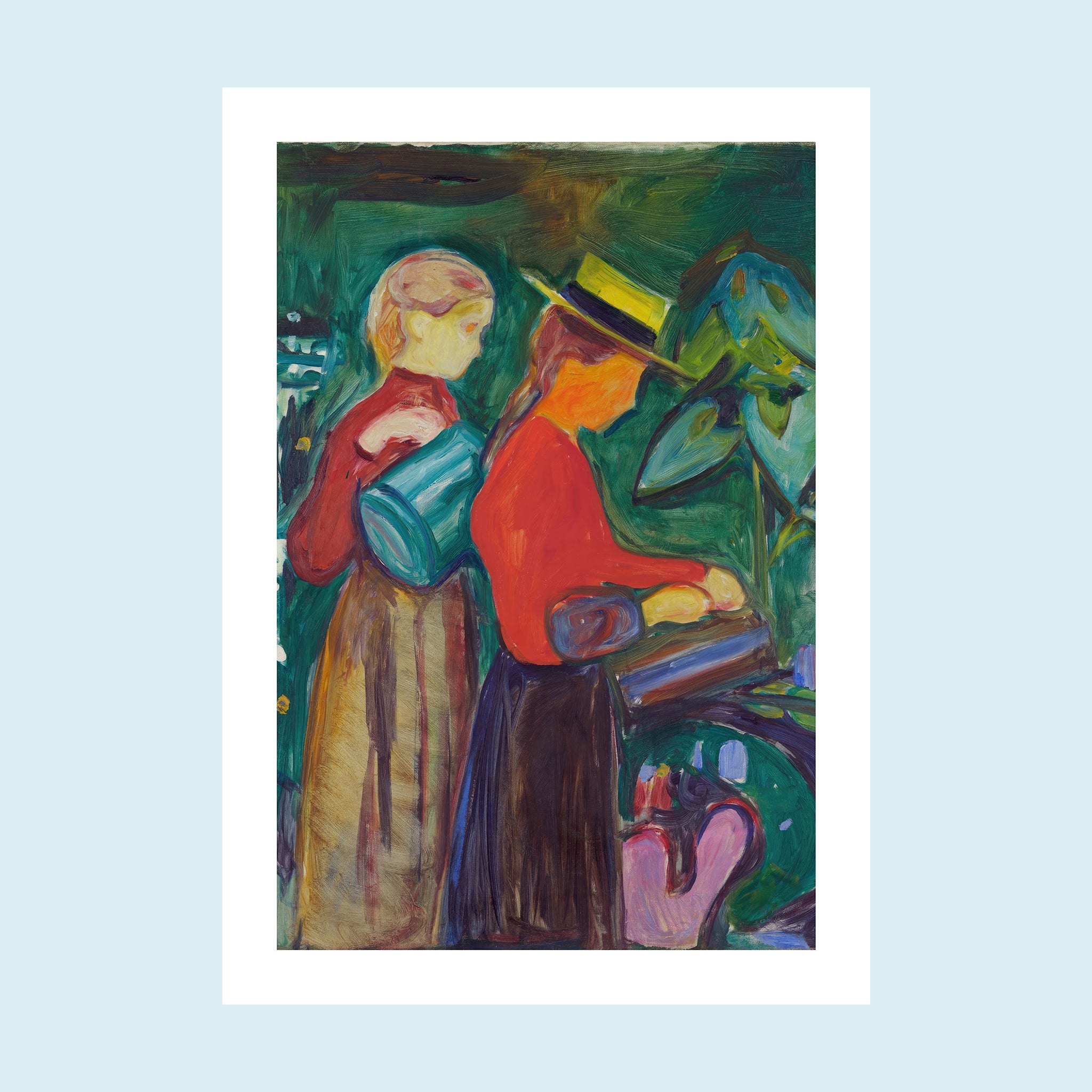 Attraction - Girls Watering Flowers - Giclée Print by ArtFarty #Frame_Unframed